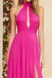 Fuchsia Halter A Line Long Ruched Prom Dress with Slit