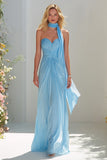 Sky Blue A Line Ruched Neck Scarf Long Sweetheart Prom Dress