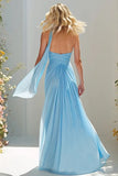 Sky Blue A Line Ruched Neck Scarf Long Sweetheart Prom Dress