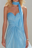 Sky Blue A Line Ruched Neck Scarf Long Sweetheart Prom Dress
