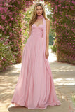 Pink A Line Sweetheart Neck Scarf Long Ruched Prom Dress
