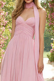 Pink A Line Sweetheart Neck Scarf Long Ruched Prom Dress