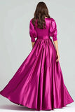 Fuchsia Bateau Neck A-Line Long Evening Dress with Sleeves