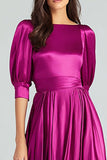 Fuchsia Bateau Neck A-Line Long Evening Dress with Sleeves