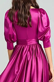 Fuchsia Bateau Neck A-Line Long Evening Dress with Sleeves