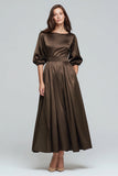 Coffee Half Sleeves A-Line Satin Long Evening Dress