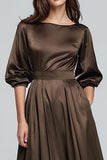 Coffee Half Sleeves A-Line Satin Long Evening Dress