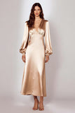 Champagne Sheath V-Neck Long Sleeves Satin Evening Dress