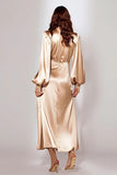 Champagne Sheath V-Neck Long Sleeves Satin Evening Dress