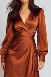 Rust V-Neck Ruched Satin Midi Work Dress with Sleeves