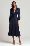 Navy V-Neck Backless Ruched Satin Midi Work Dress with Sleeves
