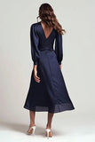 Navy V-Neck Backless Ruched Satin Midi Work Dress with Sleeves