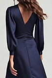 Navy V-Neck Backless Ruched Satin Midi Work Dress with Sleeves