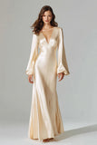 Champagne V-Neck Satin Mermaid Long Sleeves Evening Dress
