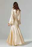 Champagne V-Neck Satin Mermaid Long Sleeves Evening Dress