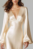 Champagne V-Neck Satin Mermaid Long Sleeves Evening Dress