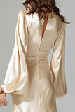 Champagne V-Neck Satin Mermaid Long Sleeves Evening Dress