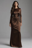 Coffee Mermaid Satin Crew Neck Long Evening Dress