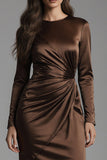 Coffee Mermaid Satin Crew Neck Long Evening Dress