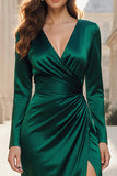 Dark Green V-Neck Mermaid Satin Long Evening Dress with Slit