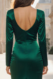 Dark Green V-Neck Mermaid Satin Long Evening Dress with Slit