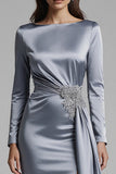 Dusty Blue Satin Mermaid Long Sleeves Evening Dress with Slit