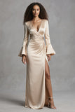 Champagne Flare Sleeves Mermaid Long Evening Dress with Slit