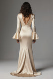 Champagne Flare Sleeves Mermaid Long Evening Dress with Slit