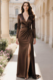 Coffee Mermaid Satin V-Neck Long Evening Dress with Slit