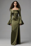 Olive Satin Mermaid Flare Sleeves Long Evening Dress with Slit