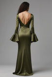 Olive Satin Mermaid Flare Sleeves Long Evening Dress with Slit
