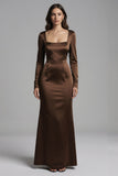 Coffee Mermaid Satin Square Neck Long Sleeves Evening Dress