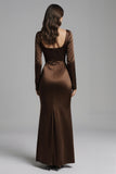 Coffee Mermaid Satin Square Neck Long Sleeves Evening Dress