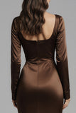 Coffee Mermaid Satin Square Neck Long Sleeves Evening Dress