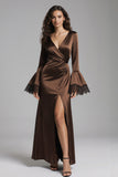 Coffee Mermaid Satin V-Neck Long Evening Dress with Slit