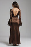 Coffee Mermaid Satin V-Neck Long Evening Dress with Slit