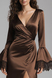 Coffee Mermaid Satin V-Neck Long Evening Dress with Slit
