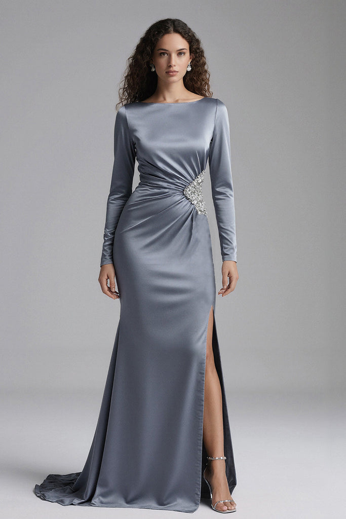 Leely Women Sparkly Dusty Blue Long Sleeves Evening Dress with Slit