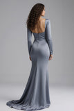 Sparkly Beaded Dusty Blue Mermaid Long Evening Dress with Slit