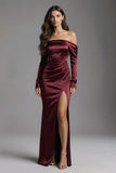 Burgundy Mermaid Off the Shoulder Long Ruched Evening Dress with Slit