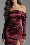 Burgundy Mermaid Off the Shoulder Long Ruched Evening Dress with Slit
