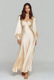 Champagne V-Neck Backless Satin Long Sleeves Evening Dress