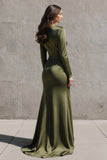 Olive Boat Neck Mermaid Long Sleeves Satin Evening Dress with Slit