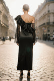 Black One Shoulder Ruffled Satin Long Evening Dress with Lace