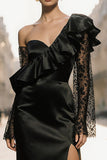 Black One Shoulder Ruffled Satin Long Evening Dress with Lace