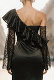 Black One Shoulder Ruffled Satin Long Evening Dress with Lace
