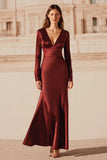 Burgundy Mermaid Satin V-Neck Long Evening Dress with Sleeves