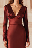 Burgundy Mermaid Satin V-Neck Long Evening Dress with Sleeves