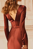 Burgundy Mermaid Satin V-Neck Long Evening Dress with Sleeves