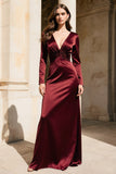 Burgundy Satin V-Neck Long Sleeves Mermaid Evening Dress